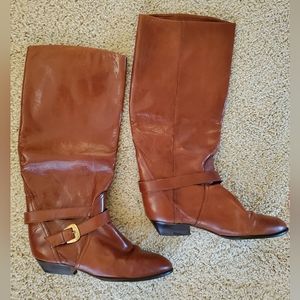 Enzo Angiolini Brown Leather Tall Boots Size 8 1/2 M Double Belted Harness